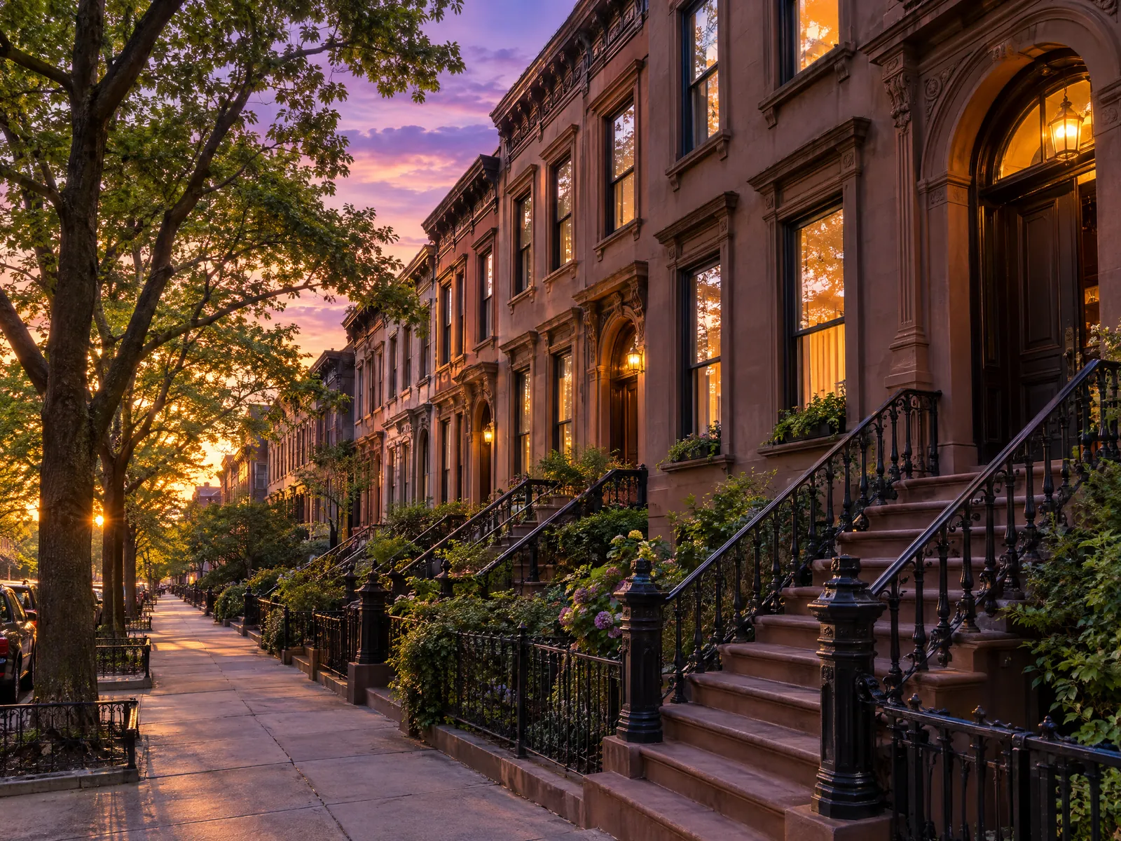 Tree-lined brownstone street at golden hour