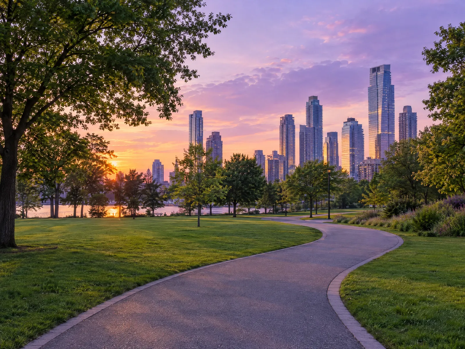 Park path with modern city towers at sunset
