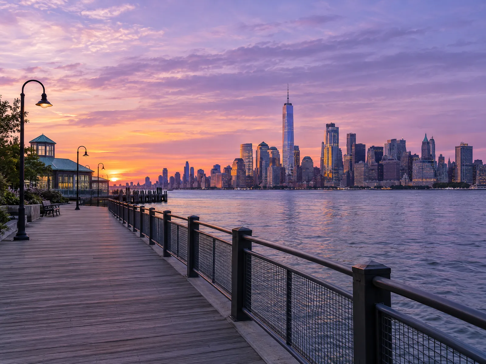 Harbor waterfront at sunset with a city skyline across the water