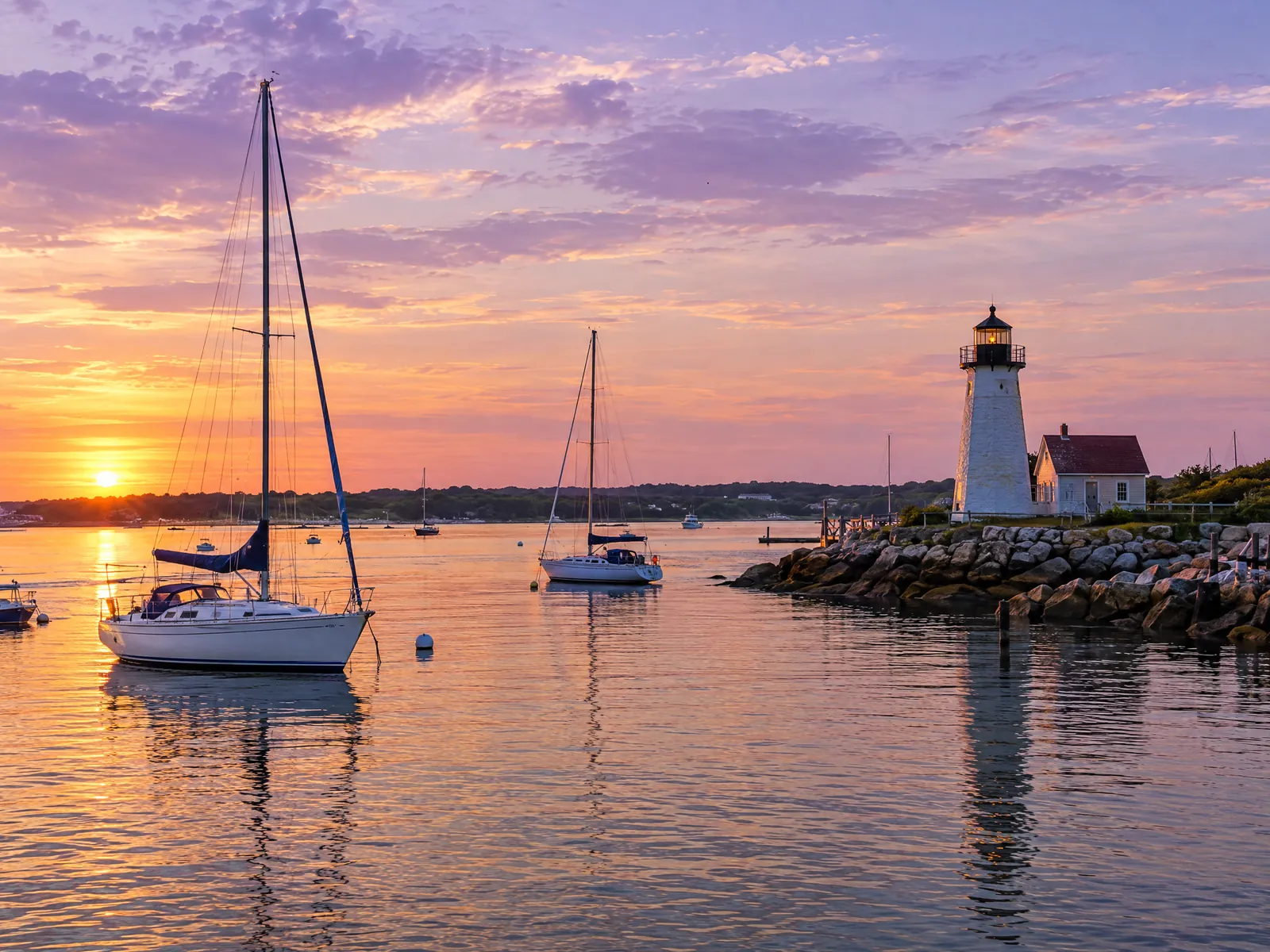 Harbor with sailboats and a lighthouse at golden hour