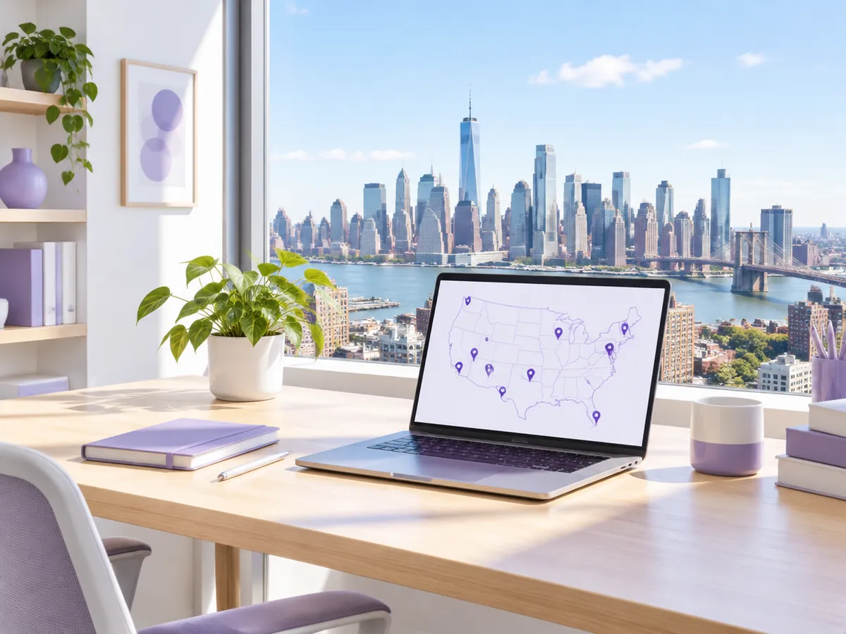 Bright desk by a window overlooking the Manhattan skyline, with a laptop showing a map of the United States