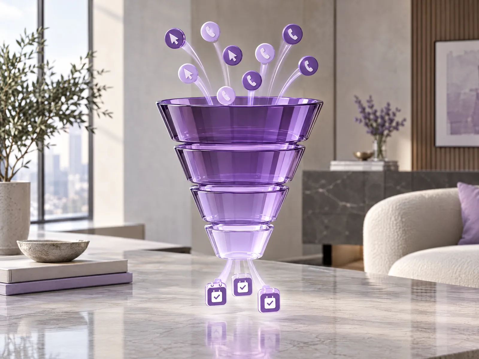 Marketing funnel with clicks and calls flowing in and booked appointments coming out