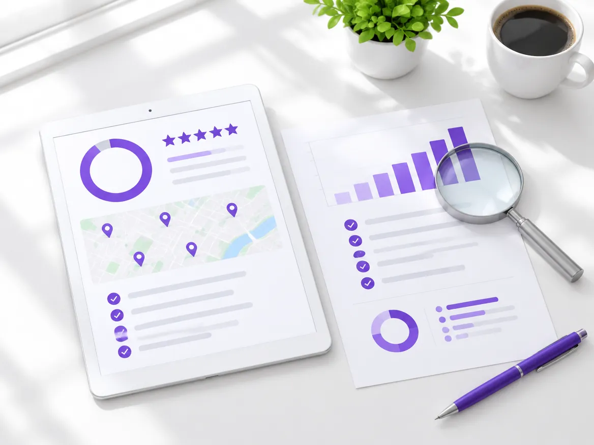 Tablet showing a local SEO report with a score ring, five stars and a map, beside a printed report and a magnifying glass