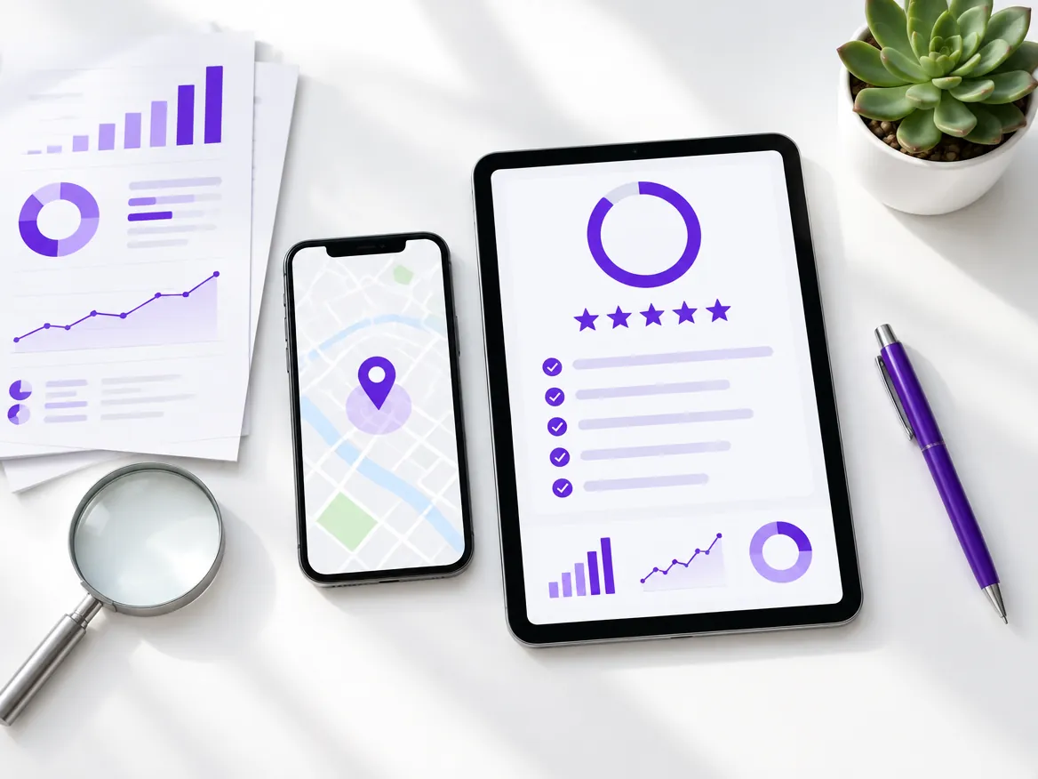 Phone and tablet showing a local SEO report with a map pin, stars and a checklist, next to printed charts and a magnifying glass