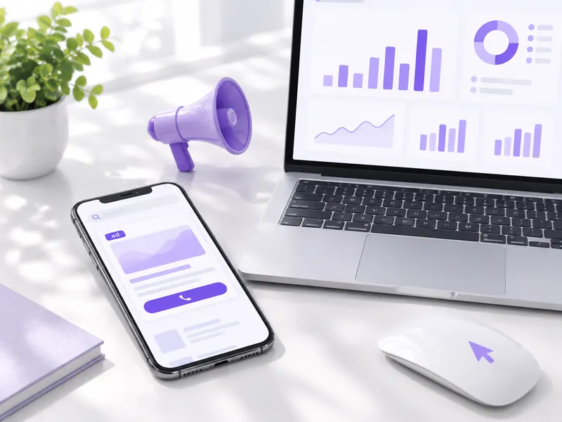 Phone showing a search ad with a call button beside a laptop with campaign charts and a small purple megaphone