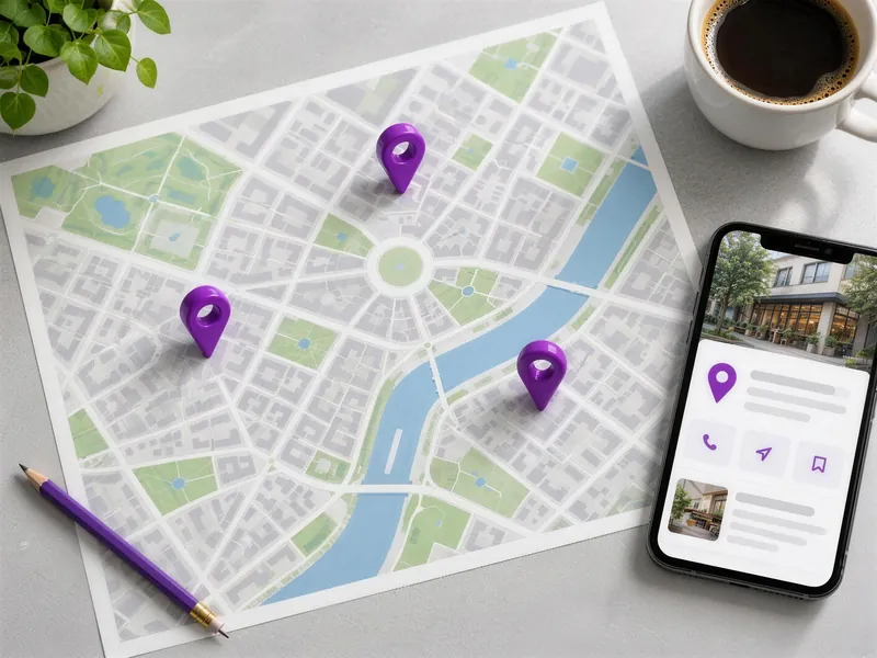 Street map with three purple location pins and a phone showing a business listing