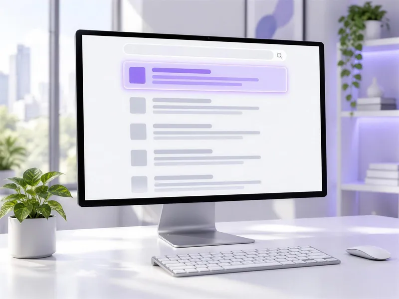 Desktop monitor showing a search results page with the top result highlighted in purple