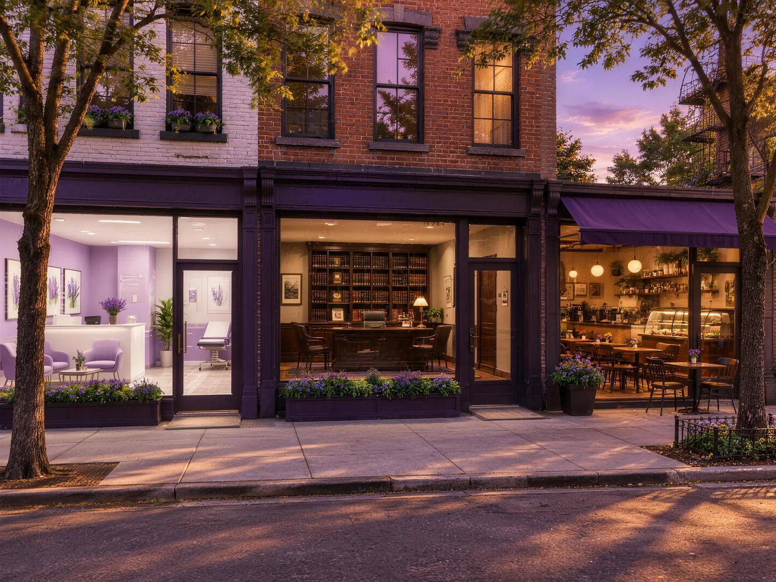 A medical office, a law office and a neighborhood cafe side by side on a tree lined street at golden hour