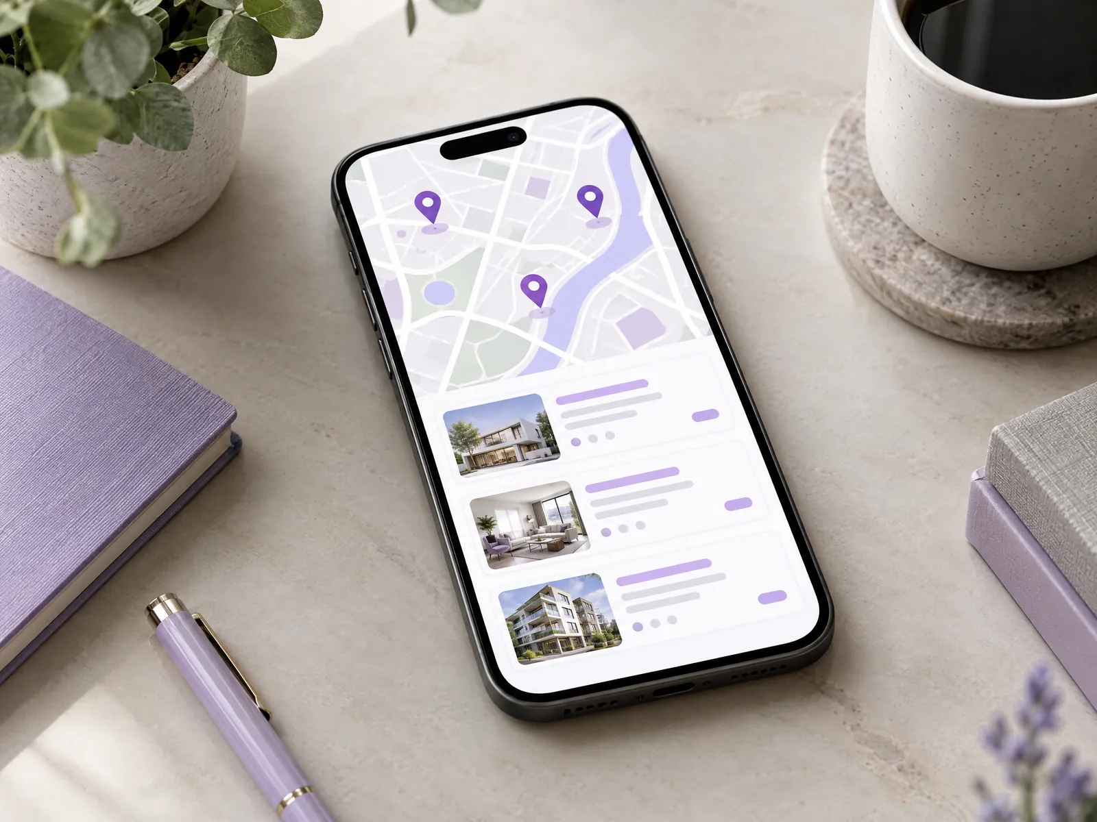 Phone showing a map with three location pins and listings