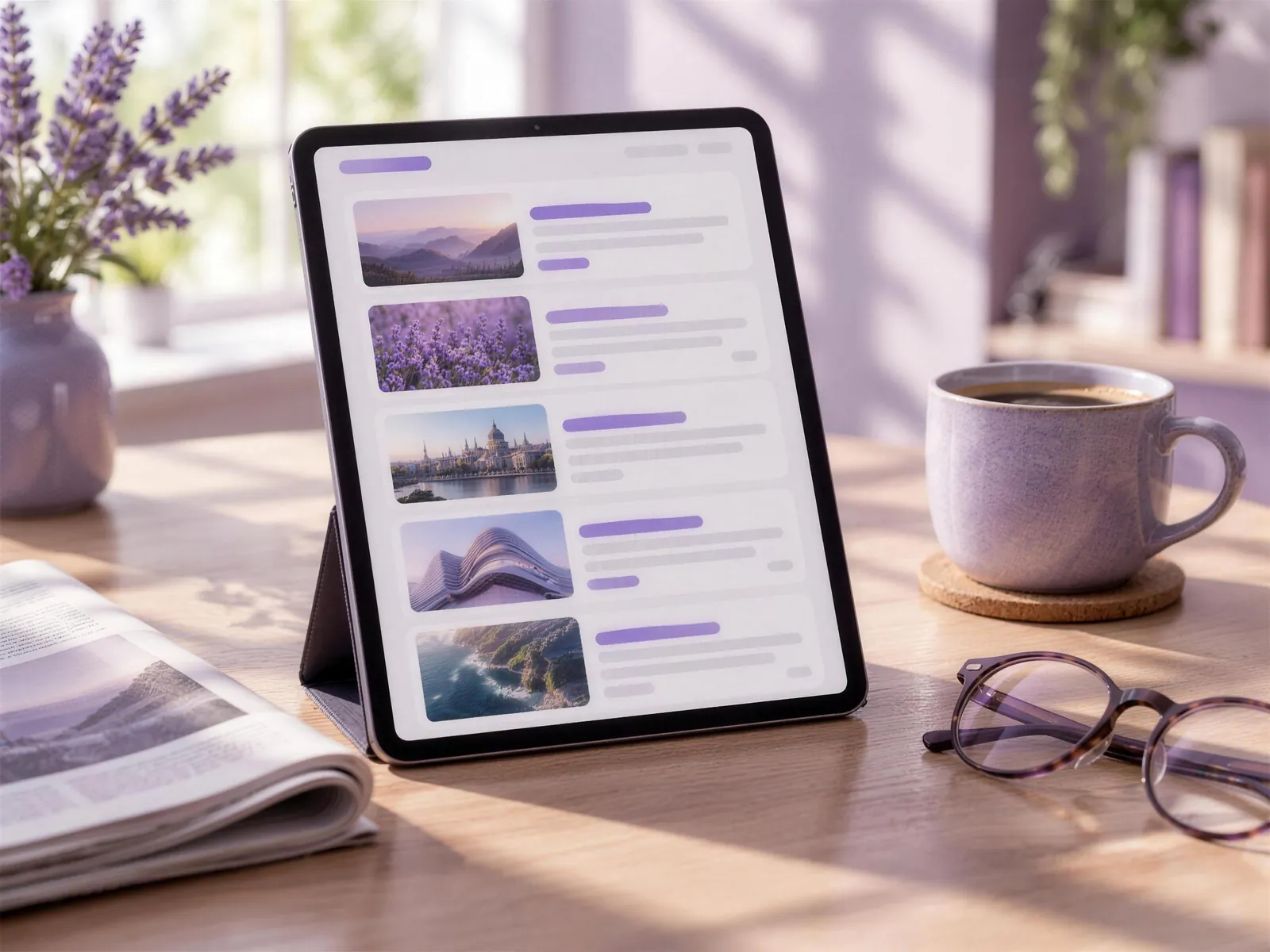 Tablet showing a news feed beside a cup of coffee and reading glasses