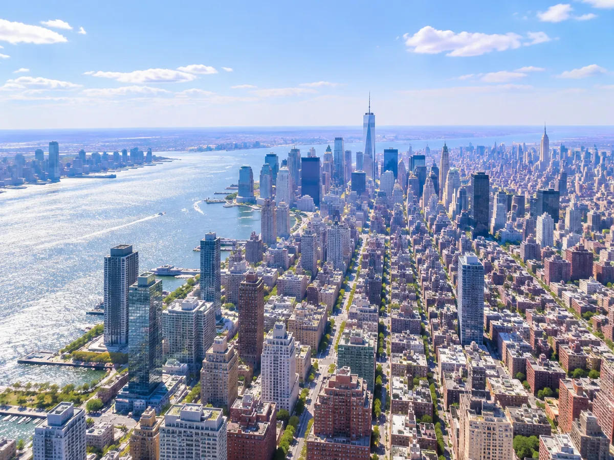 Aerial view of the Manhattan skyline and the Hudson River on a clear day