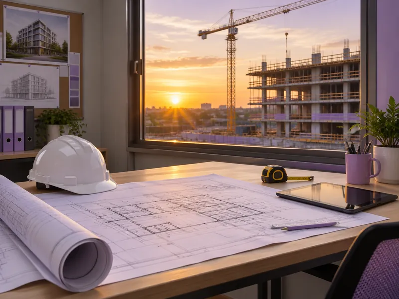 Site office with blueprints and a hard hat overlooking a building under construction