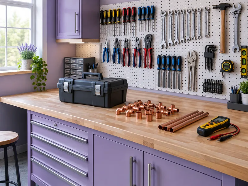 Organized trades workshop with a tool wall and workbench