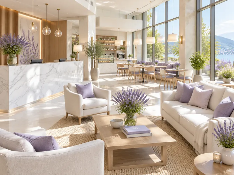 Sunlit boutique hotel lobby and cafe with lavender flowers
