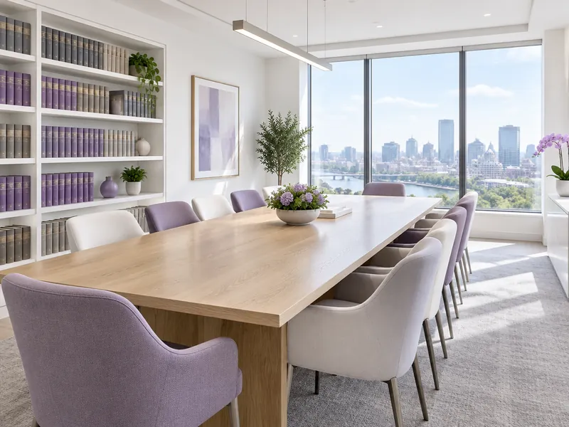 Bright law firm conference room with a long table and a city view