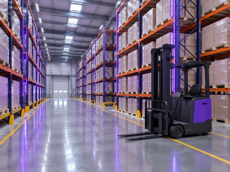 Warehouse aisle with racking, stacked pallets and a forklift