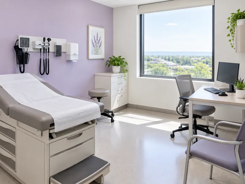 Bright medical exam room with a lavender accent wall