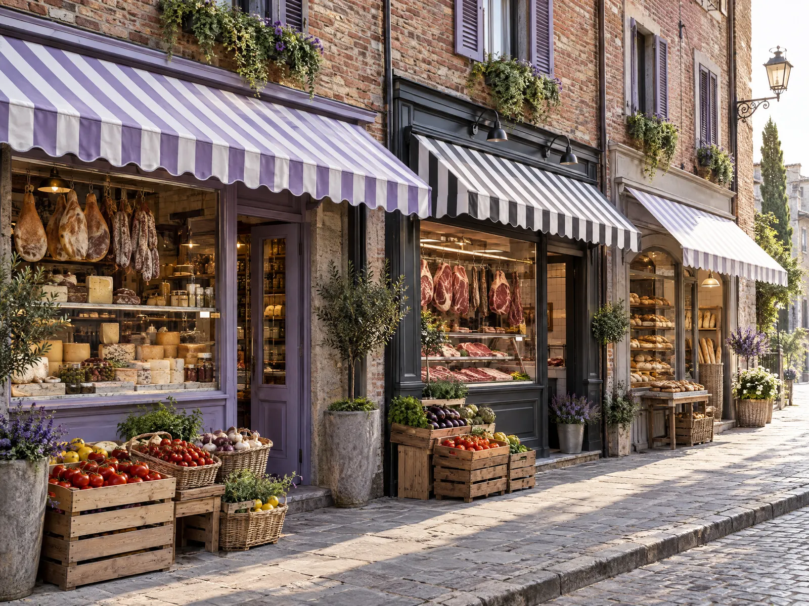 Italian deli and butcher shops with striped awnings and crates of tomatoes on the sidewalk