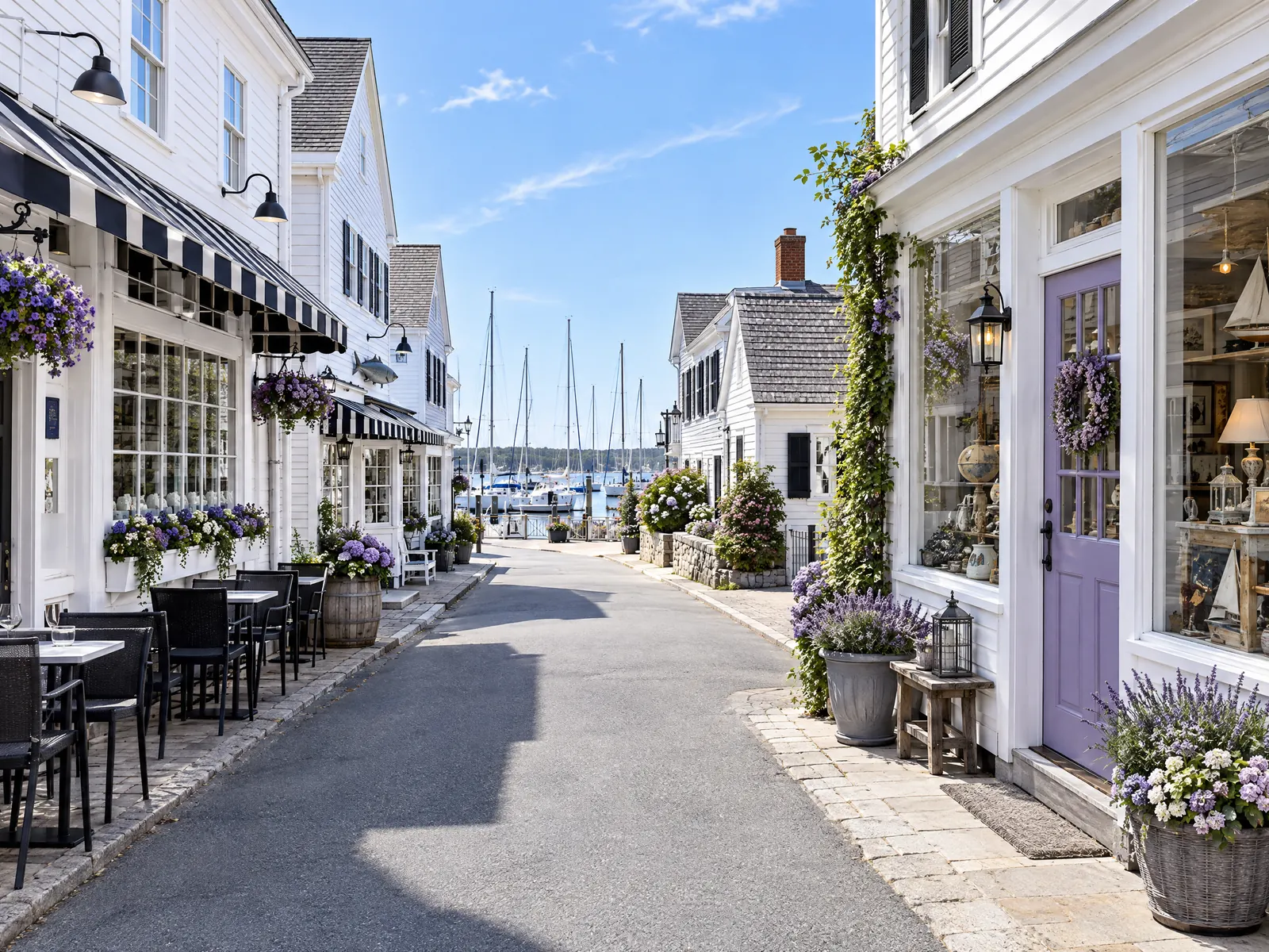 Seaside street of white clapboard shops and cafe tables with sailboat masts beyond