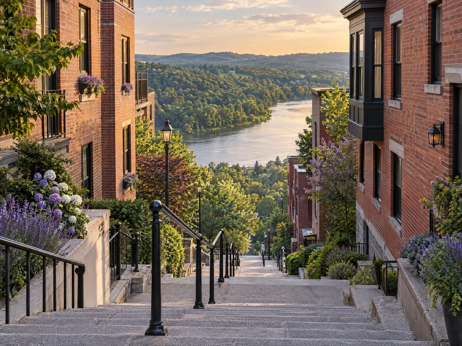 Long public stairway between brick buildings overlooking a wooded river valley at sunset