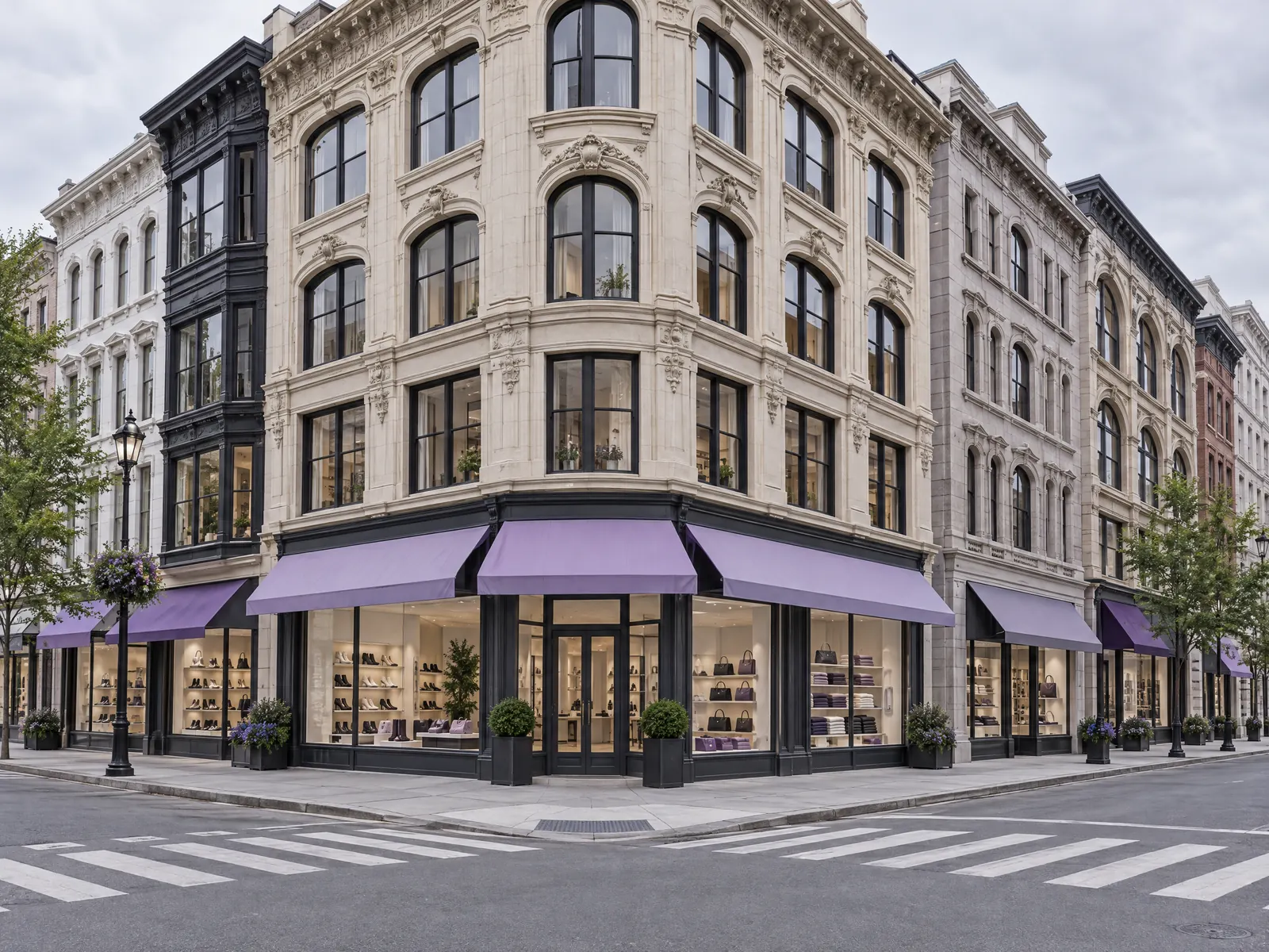 Ornate corner commercial building with lavender awnings over shoe and handbag shops at a crosswalk