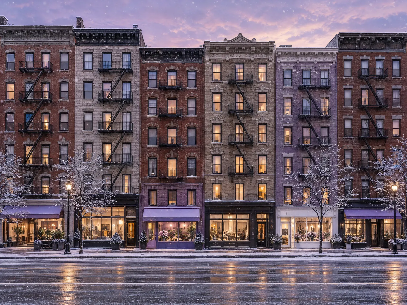 Row of brick walk up apartment buildings with glowing shops on a snowy evening