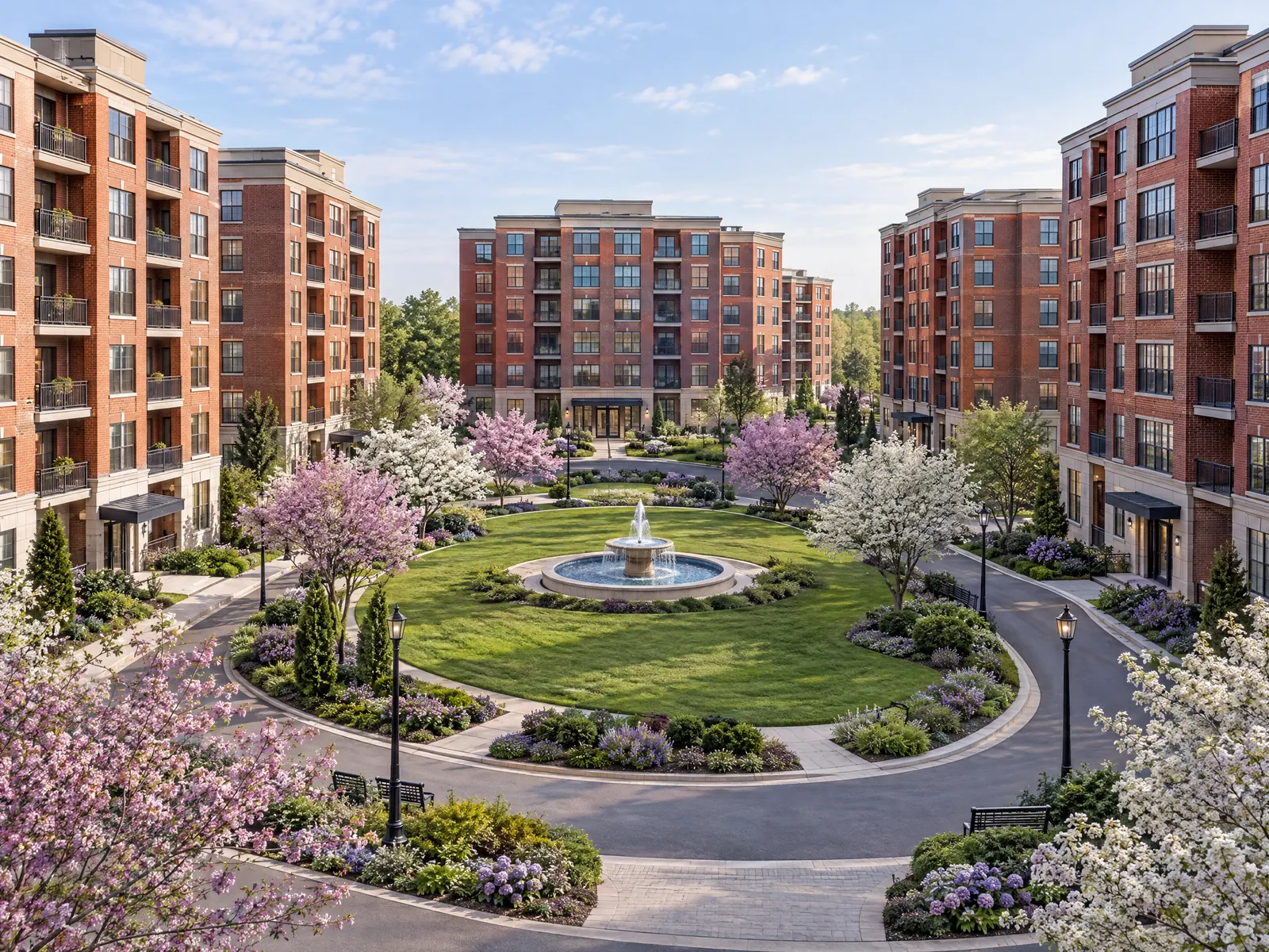 Red brick apartment buildings around a landscaped oval with a fountain and spring blossoms