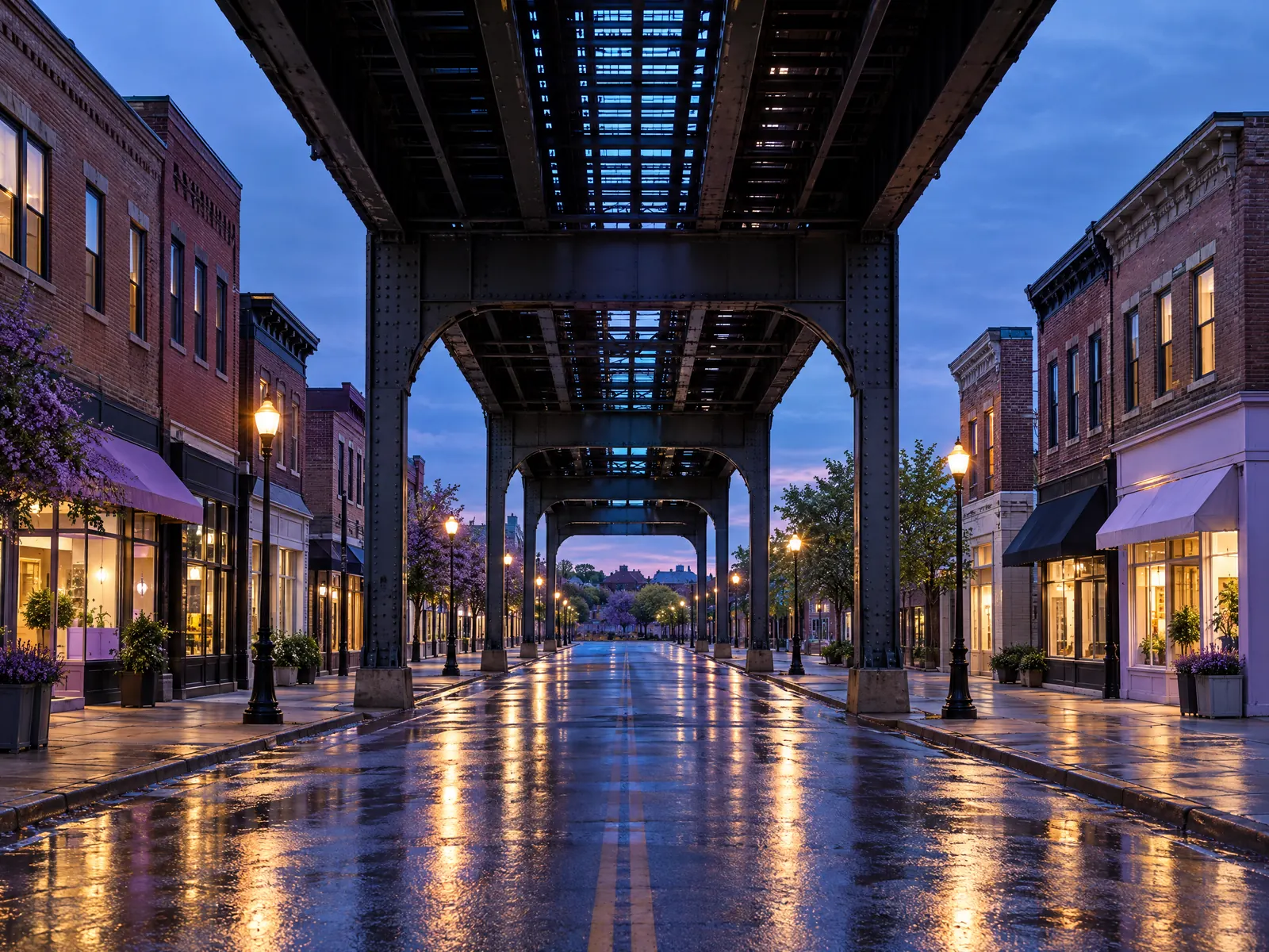 Wet avenue beneath an elevated train structure with lit brick storefronts at blue hour