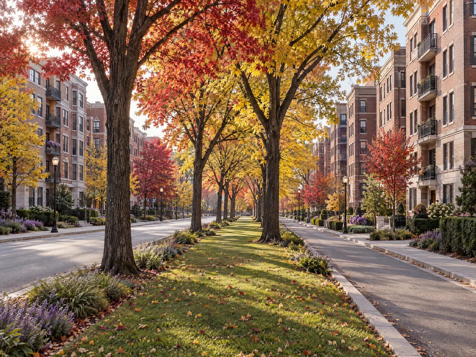 Tree lined parkway with a grassy median and brick apartment buildings in fall color