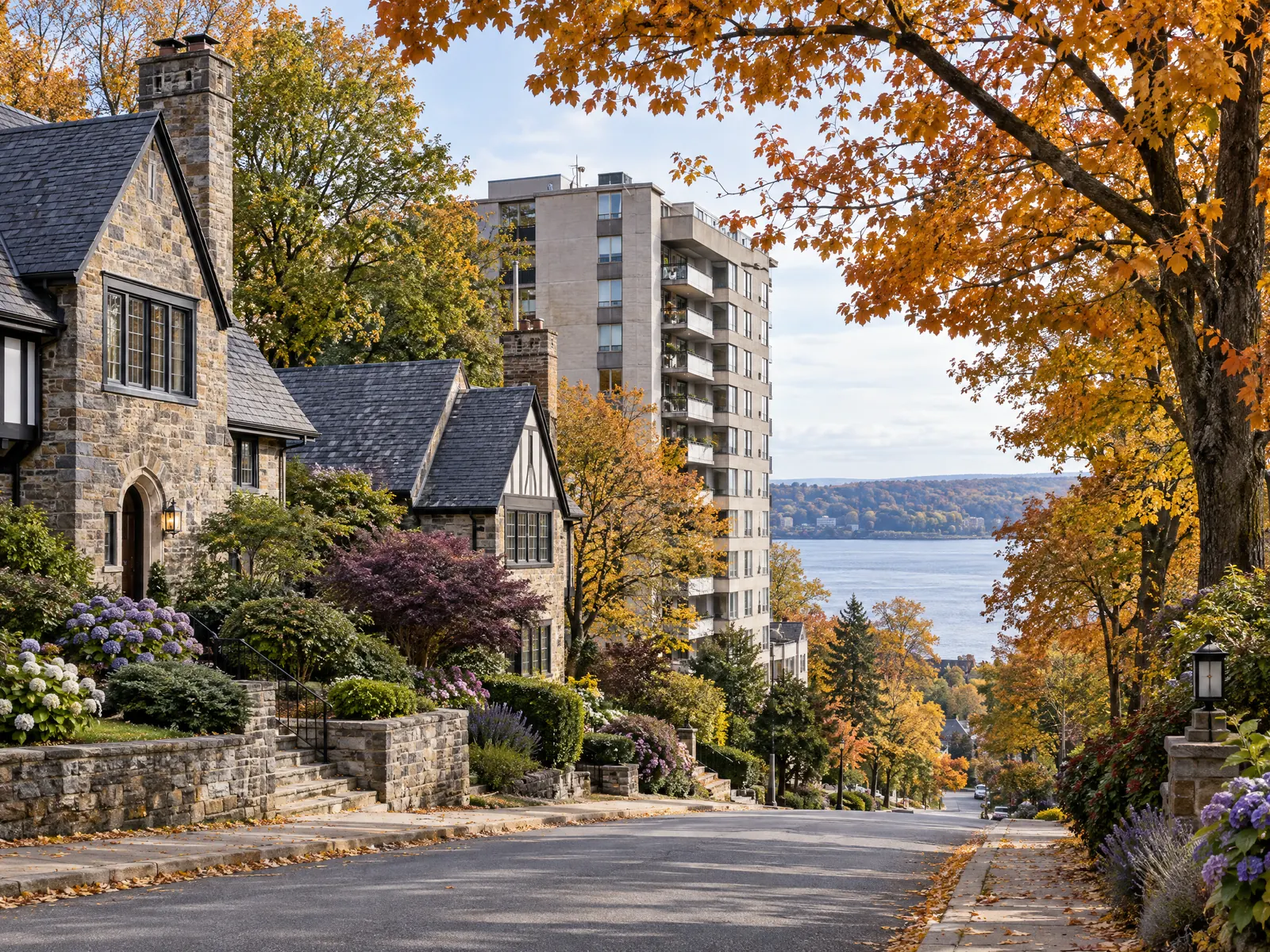 Hilly street with stone Tudor homes, a mid rise apartment tower and river view in autumn