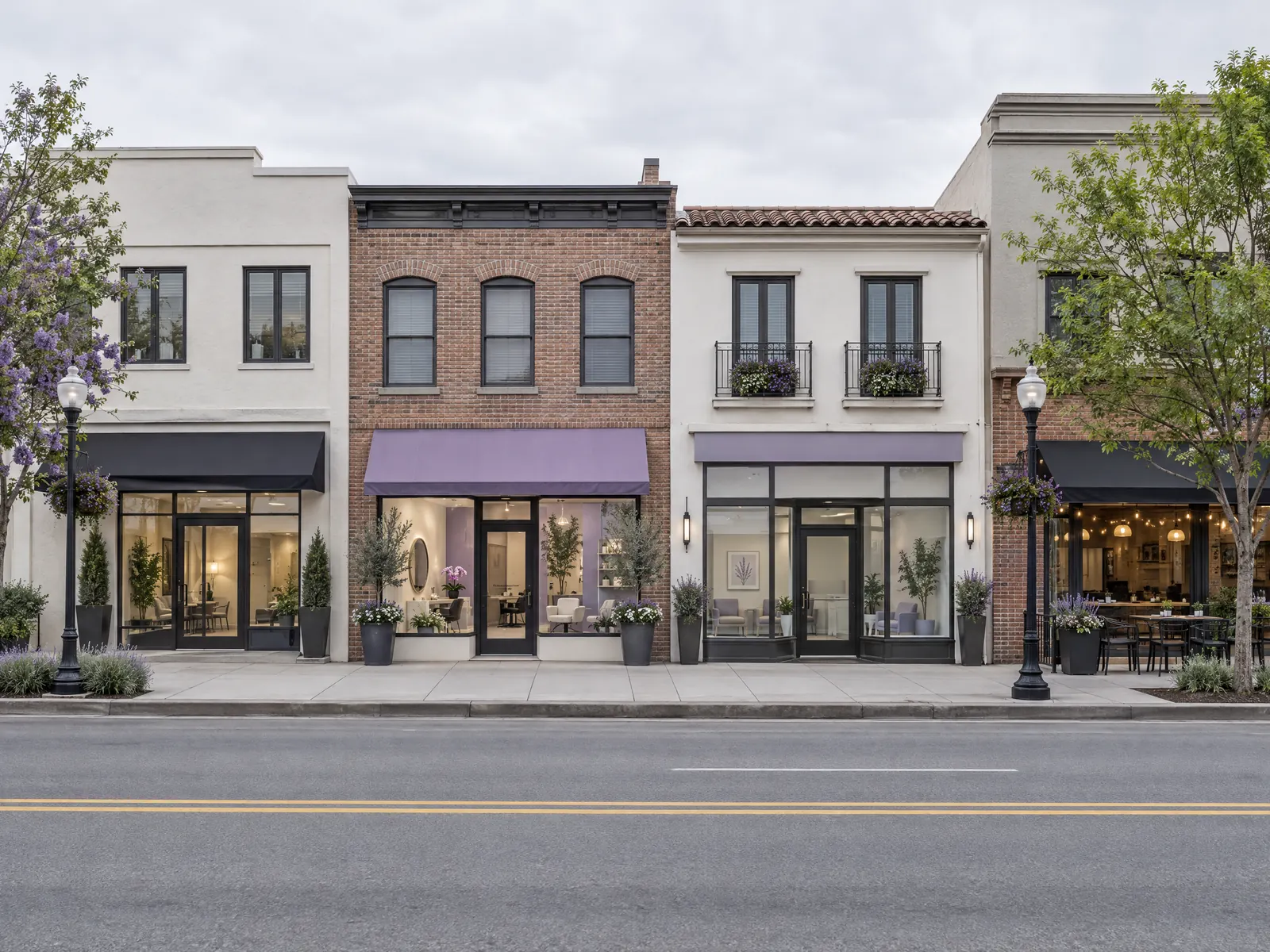Low stucco and brick storefronts with offices and a cafe along a wide avenue