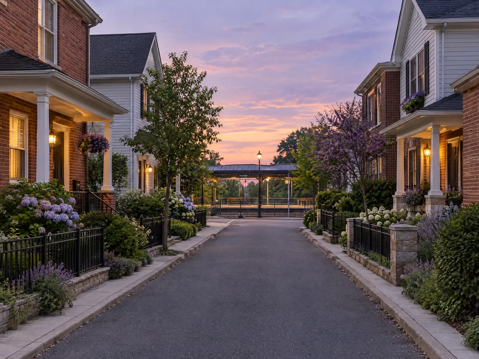 Residential street of brick and frame houses leading to a train platform at dusk