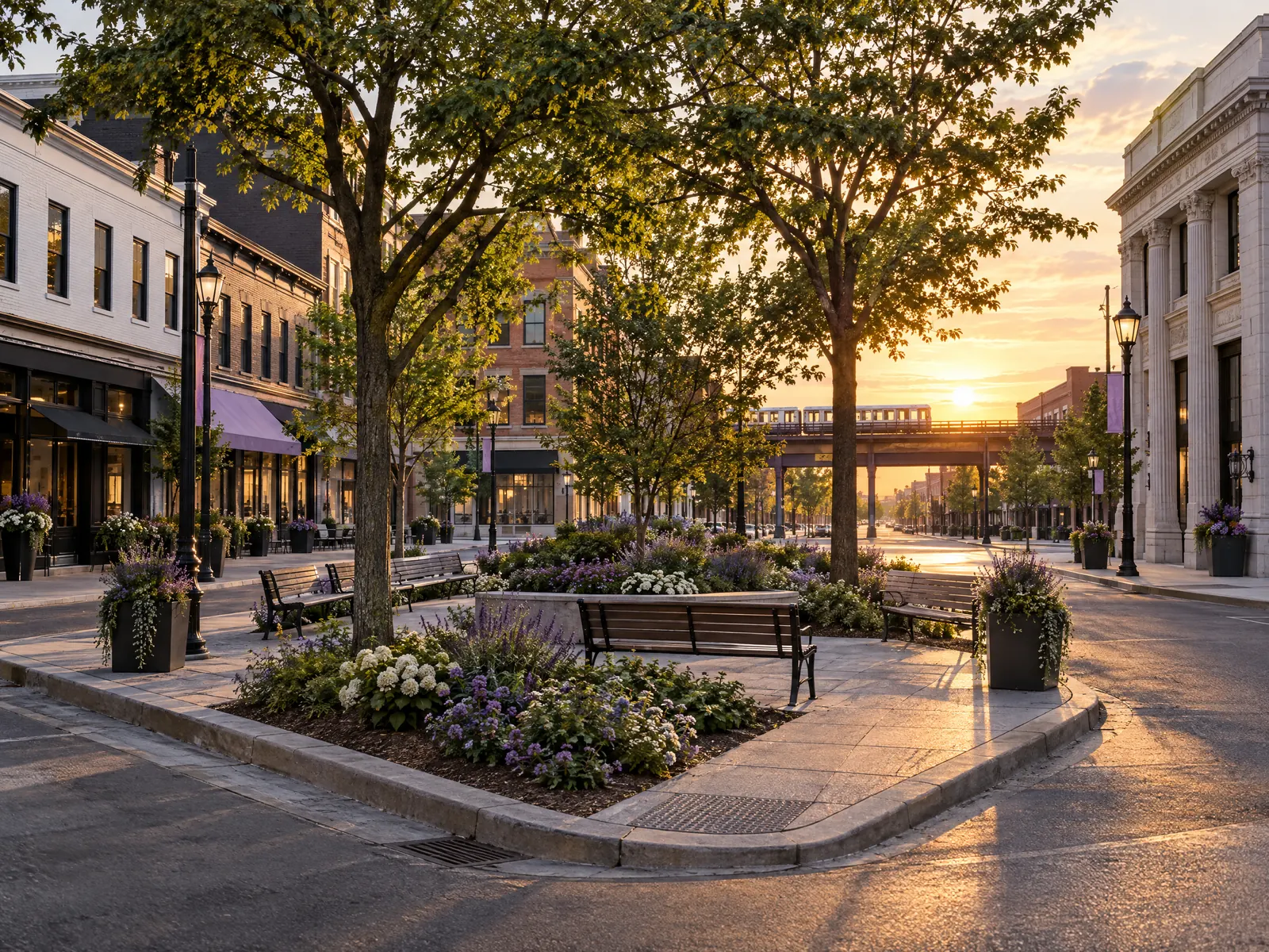 Small planted plaza with benches where avenues meet near an elevated train at sunset