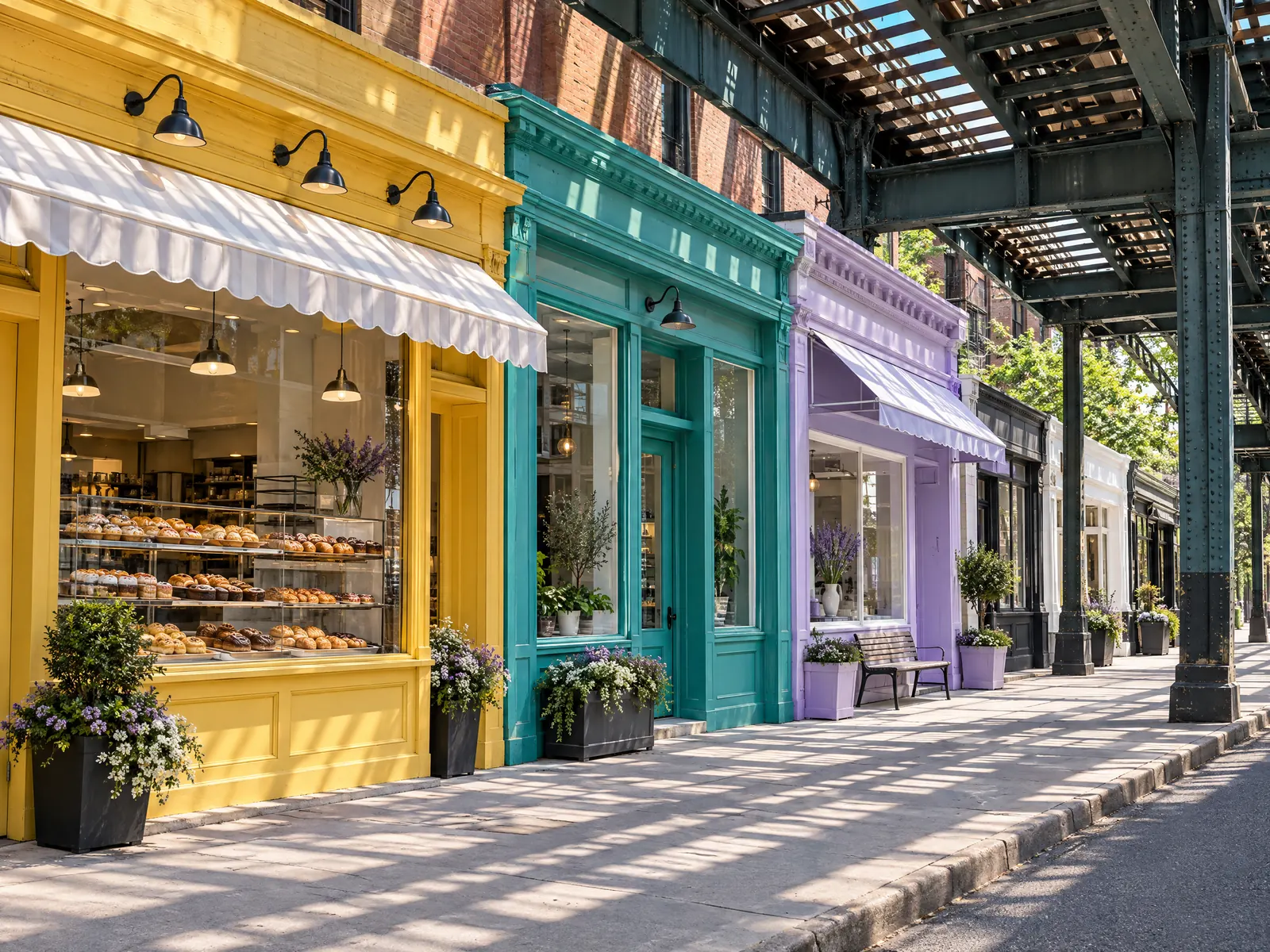 Yellow, teal and lavender shopfronts with a bakery window beneath elevated train tracks