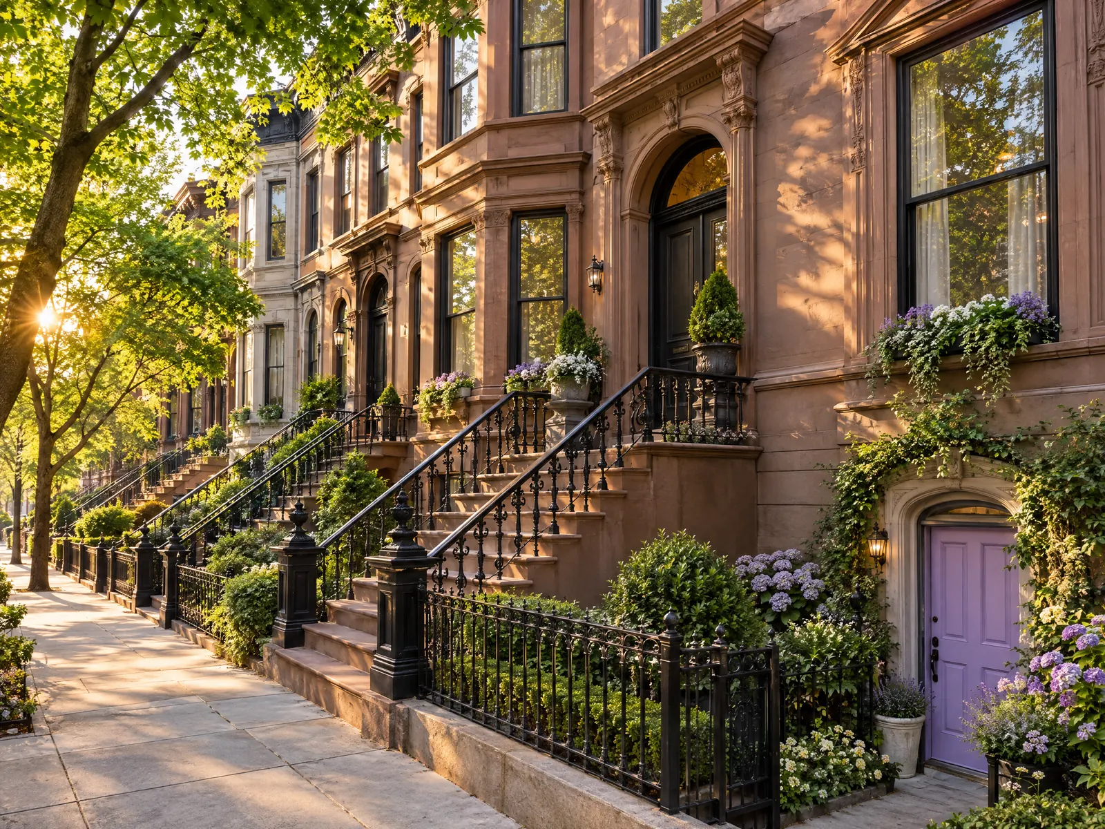 Brownstone row with high stoops, black iron railings and a lavender door in summer light