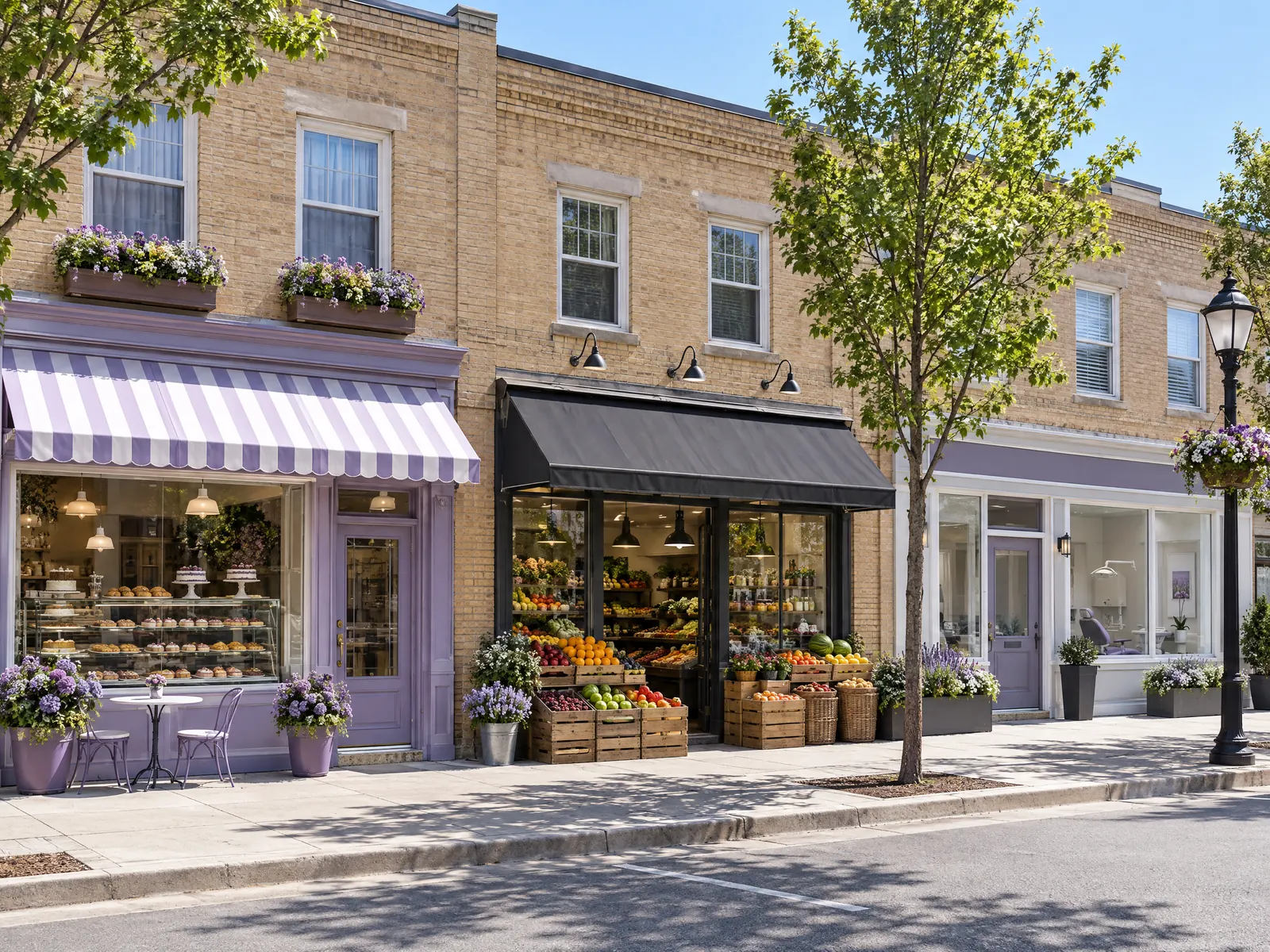 Tan brick shop row with a pastry shop and fruit market crates on a sunny avenue