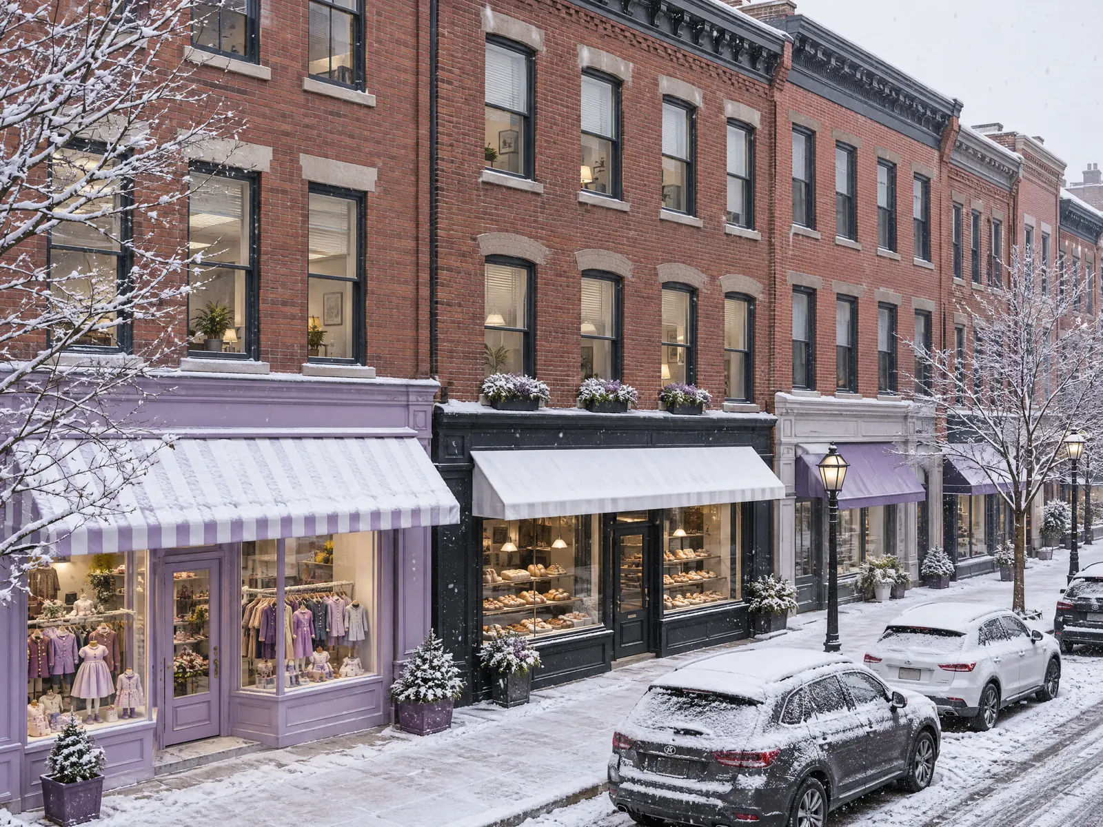 Snowy brick shop row with a children's clothing store and bakery under lavender awnings