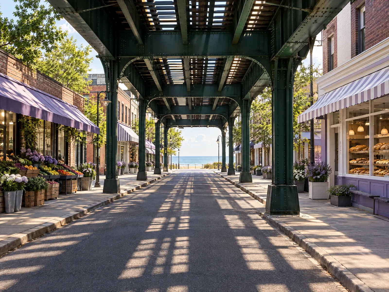 Shopping street with produce stands and bakeries beneath an elevated train line near the beach