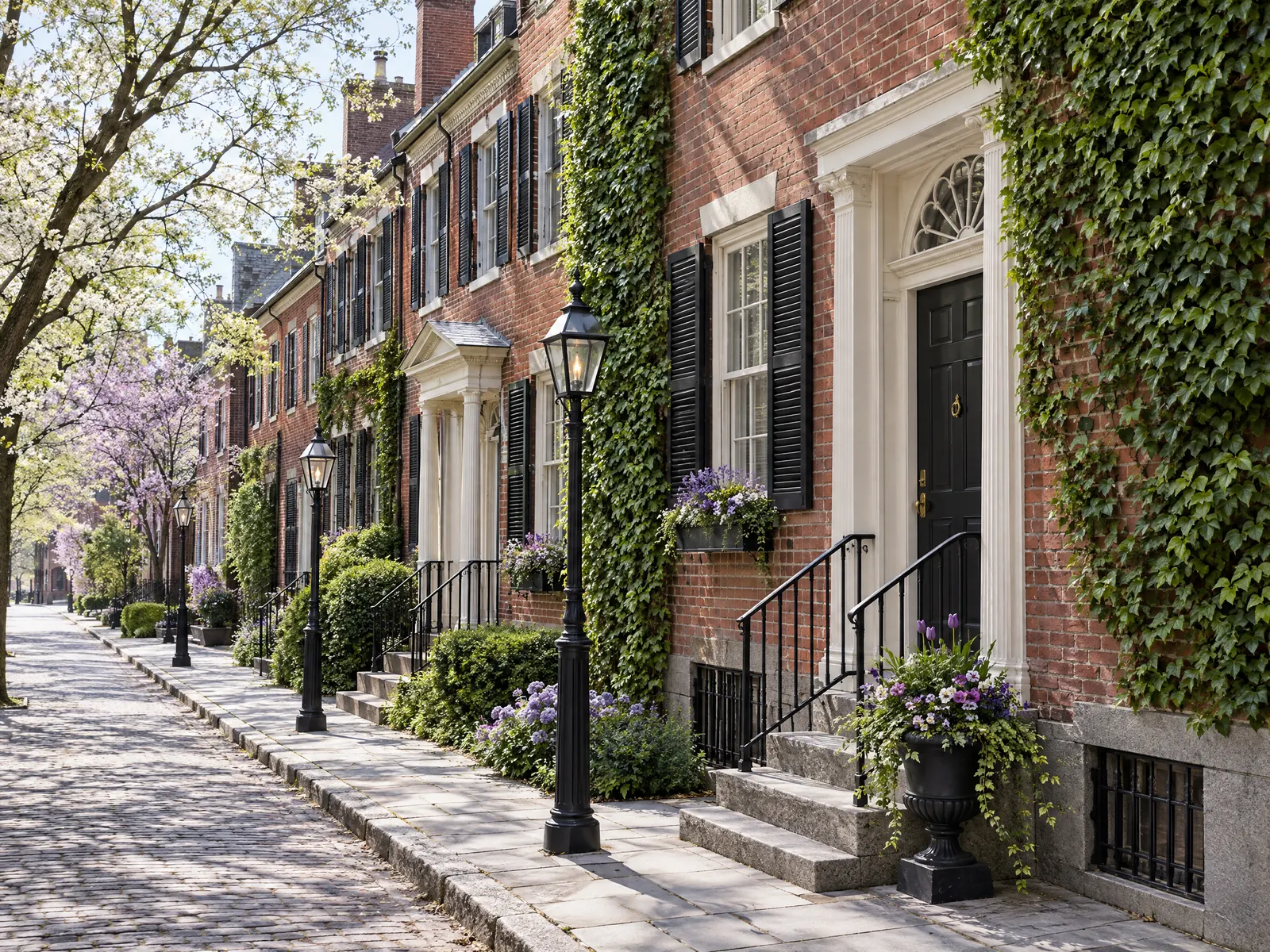Quiet street of ivy covered brick townhouses with black shutters and gas lamps in spring