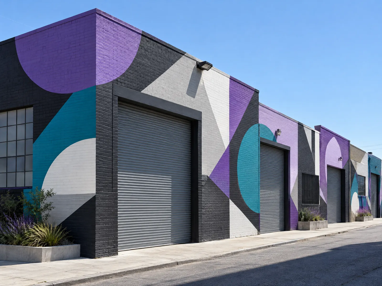 Low warehouse painted with bold purple, teal and gray geometric murals and roll down gates