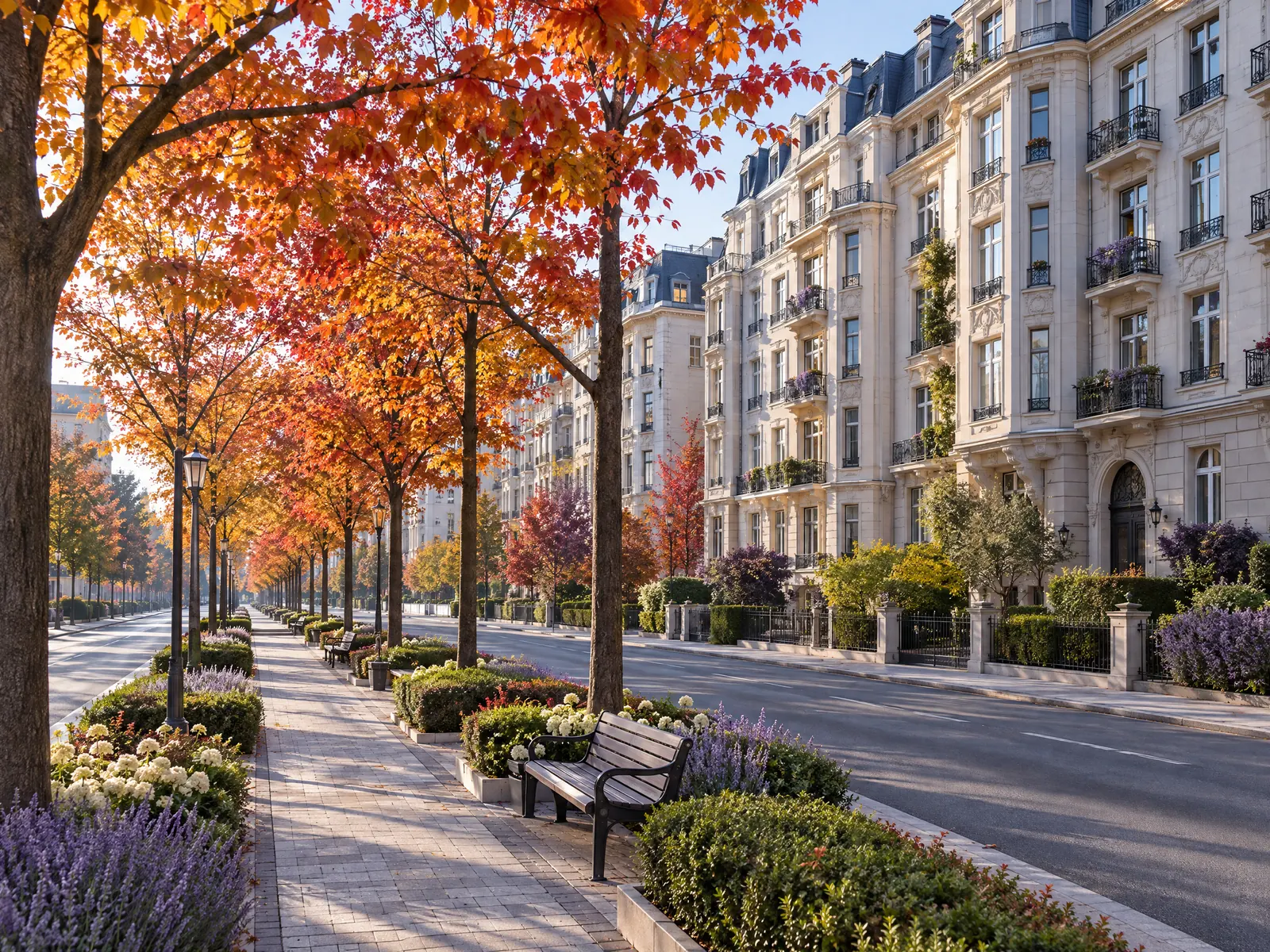 Tree lined boulevard median with benches and autumn foliage beside grand apartment buildings