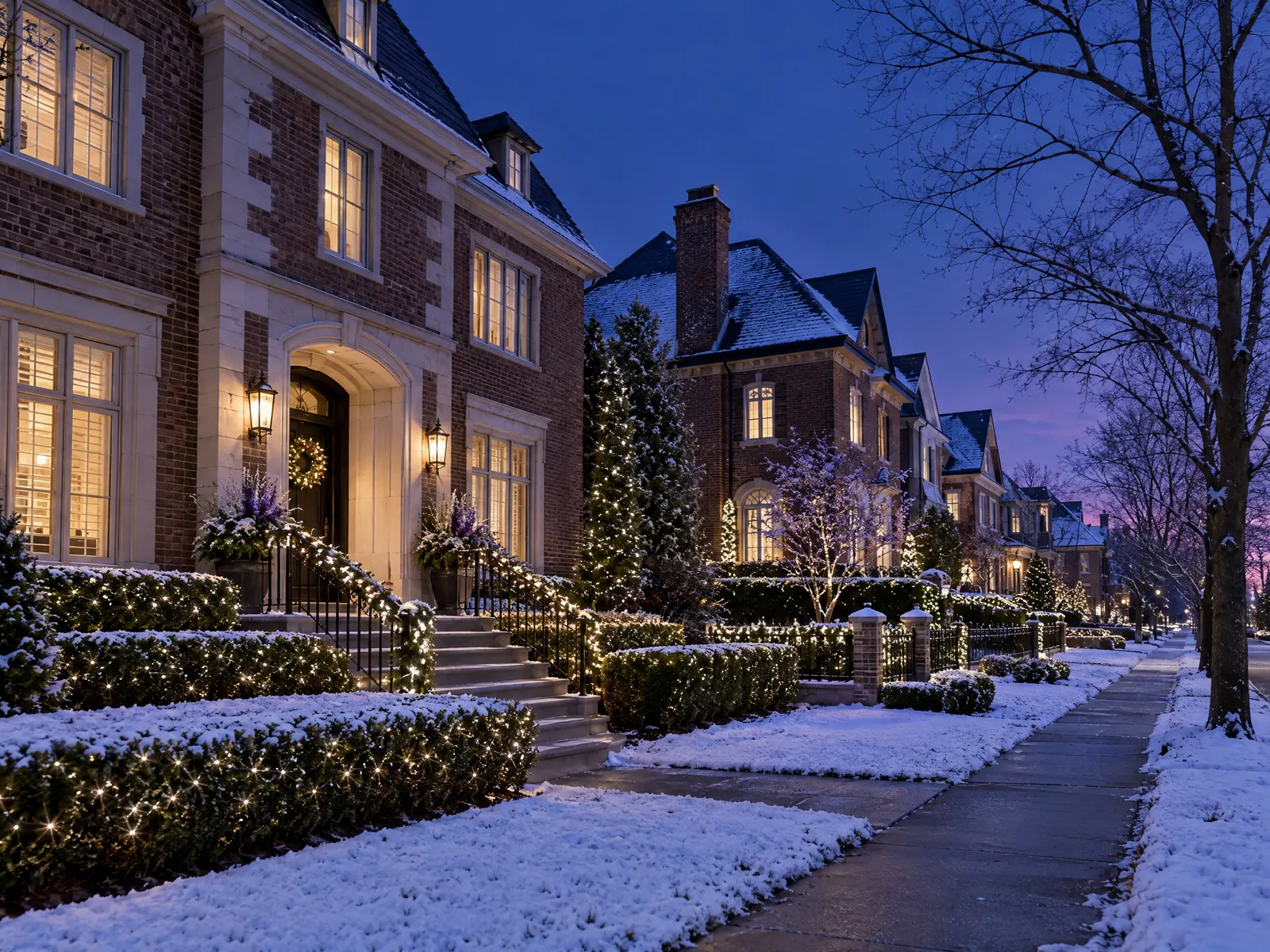 Large brick homes with white holiday lights on hedges and fresh snow at dusk