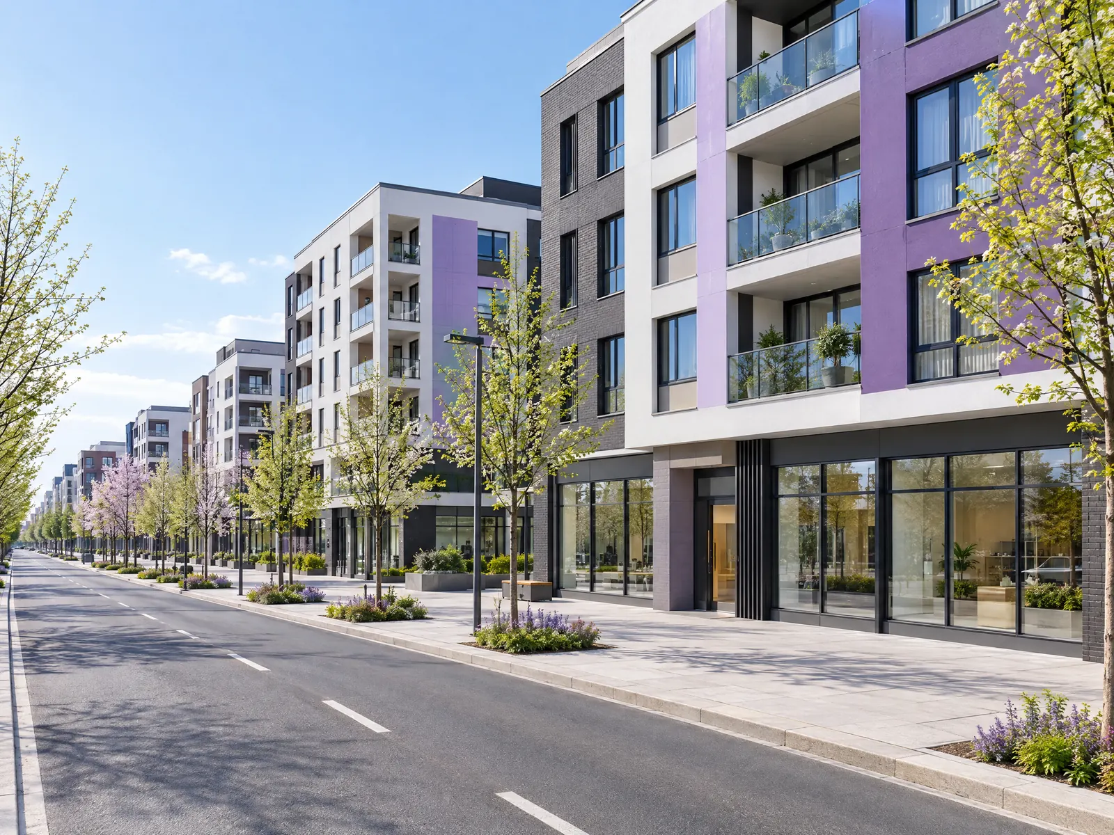 New apartment buildings with lavender panels and glass storefronts along a wide avenue