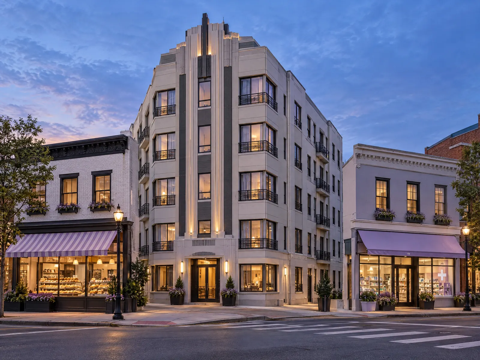 Art deco apartment building flanked by a bakery and shops with lit windows at dusk