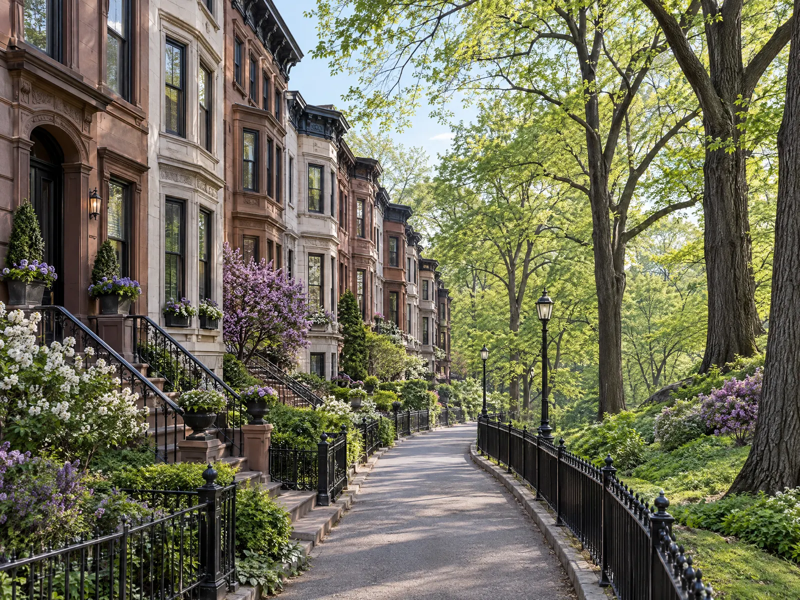 Brownstone row beside a curving park path with black iron fencing and spring trees