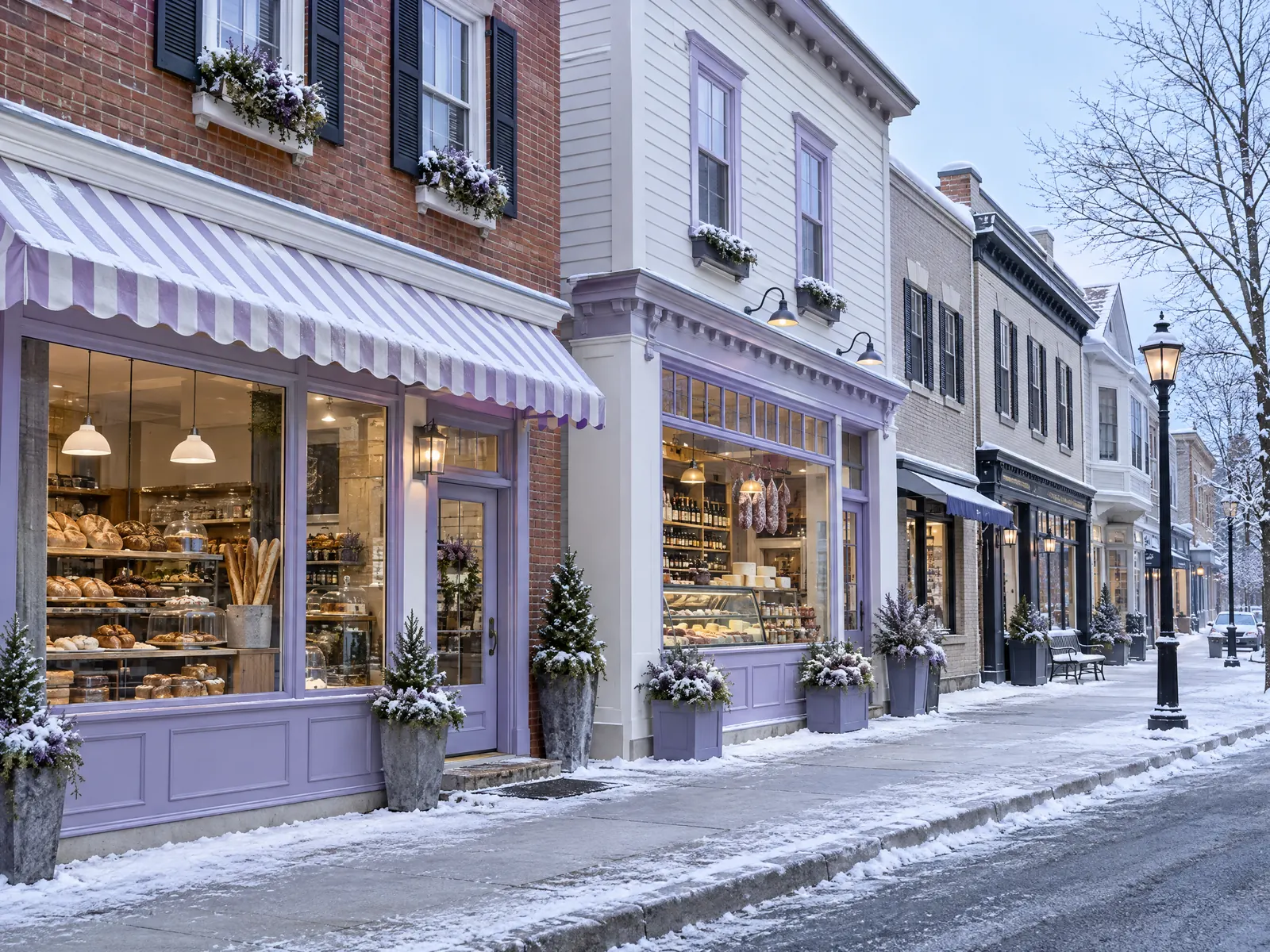Bakery and deli with lavender trim on a snowy street of brick and white clapboard buildings