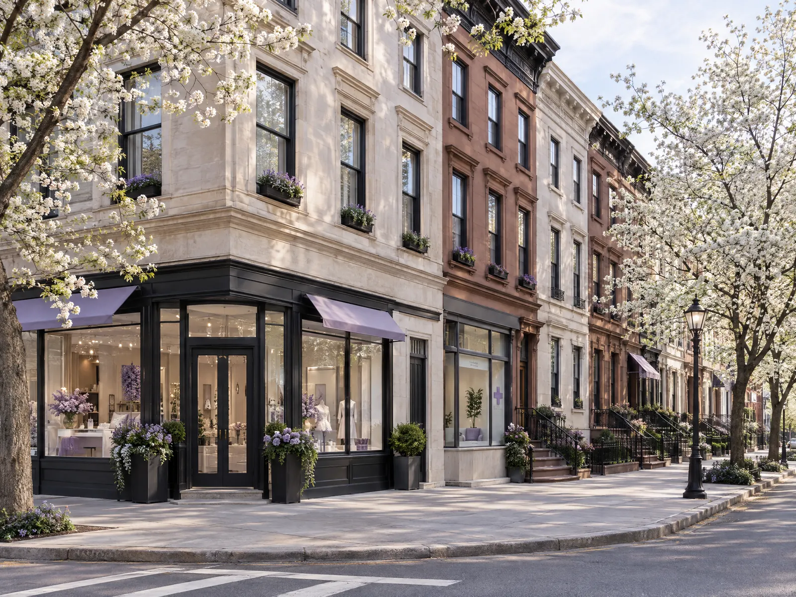 Corner boutique with lavender awnings on a brownstone row under white spring blossoms