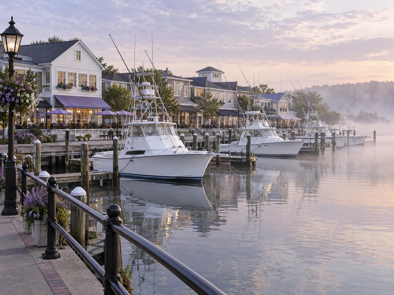 White fishing boats docked at wooden piers along a misty bay with waterfront restaurants