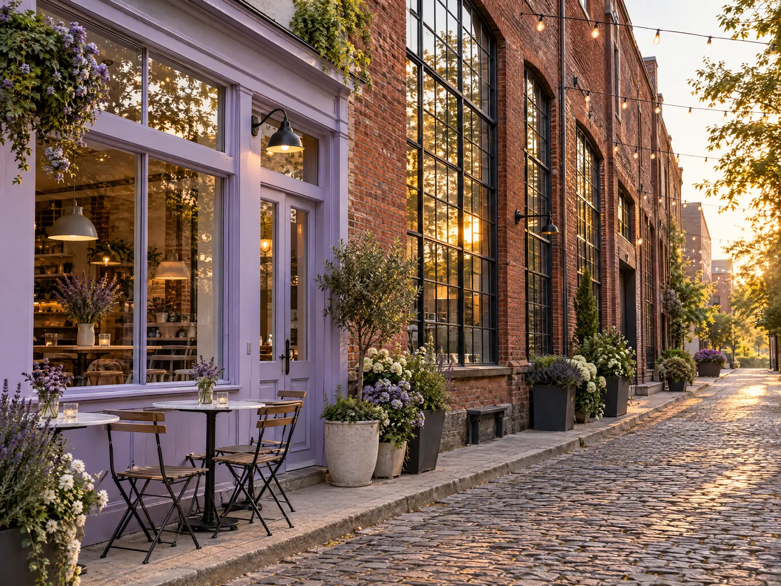 Lavender cafe beside a red brick warehouse with tall steel windows on a cobblestone street