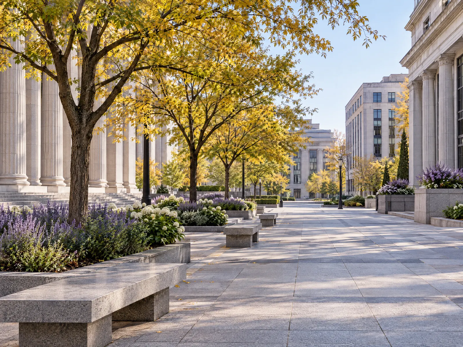 Granite plaza with stone benches and yellow trees beside colonnaded government style buildings